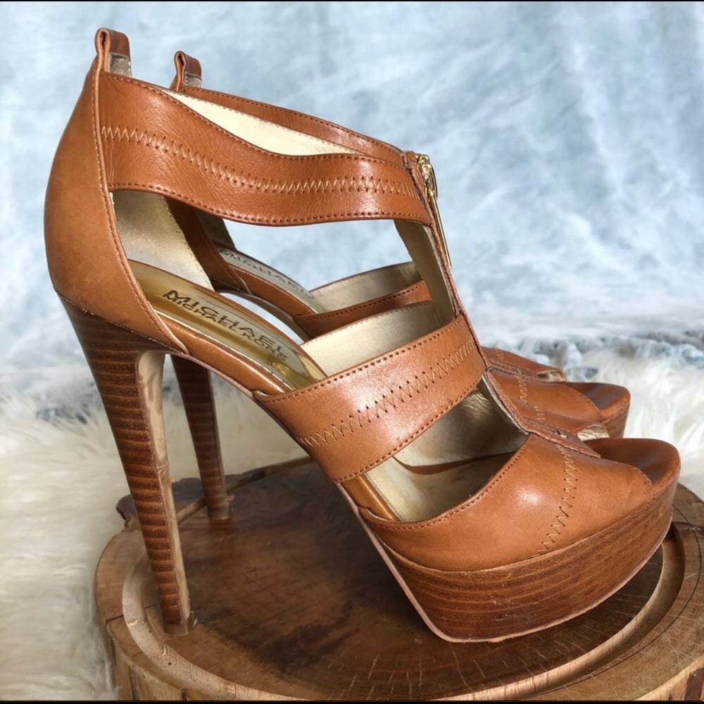Tan leather Michael Kors strap platform heals